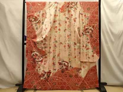平和屋着物■豪華振袖　松竹梅扇面飛鶴花宝尽くし　金彩　正絹　逸品　AABM7555sx