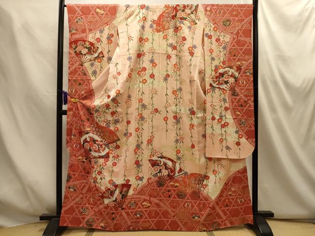 平和屋着物■豪華振袖　松竹梅扇面飛鶴花宝尽くし　金彩　正絹　逸品　AABM7555sx
