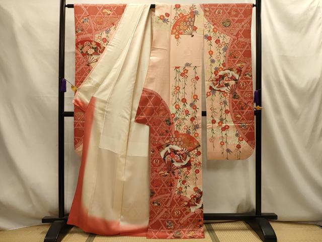 平和屋着物■豪華振袖　松竹梅扇面飛鶴花宝尽くし　金彩　正絹　逸品　AABM7555sx