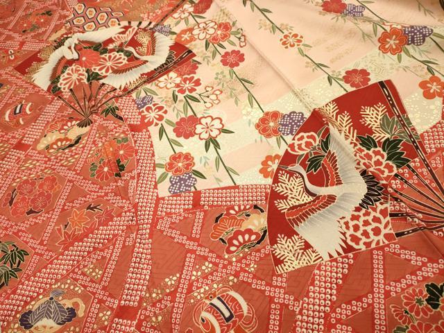 平和屋着物■豪華振袖　松竹梅扇面飛鶴花宝尽くし　金彩　正絹　逸品　AABM7555sx
