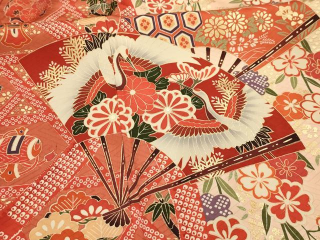 平和屋着物■豪華振袖　松竹梅扇面飛鶴花宝尽くし　金彩　正絹　逸品　AABM7555sx