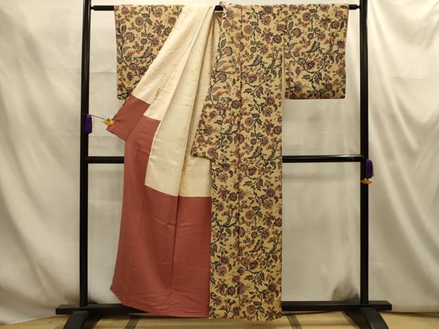 平和屋着物■上質な小紋　花鳥更紗文　正絹　逸品　AABM7571sx