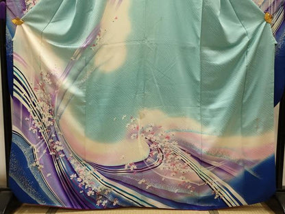 平和屋着物■写真家・秋山庄太郎　振袖　孔雀花文　暈し染め　金彩　正絹　逸品　AABM7573sx