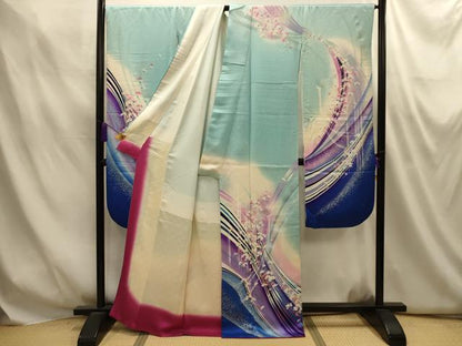 平和屋着物■写真家・秋山庄太郎　振袖　孔雀花文　暈し染め　金彩　正絹　逸品　AABM7573sx