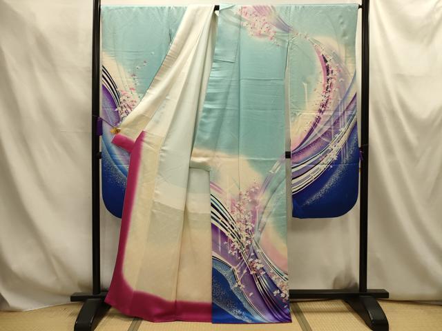 平和屋着物■写真家・秋山庄太郎　振袖　孔雀花文　暈し染め　金彩　正絹　逸品　AABM7573sx