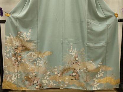 平和屋着物■豪華色留袖　駒刺繍　松竹梅渡り橋花風景文　金銀彩　正絹　逸品　AABM7574sx