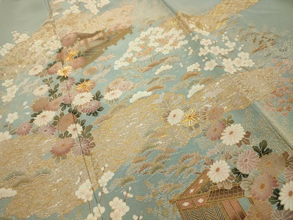 平和屋着物■豪華色留袖　駒刺繍　松竹梅渡り橋花風景文　金銀彩　正絹　逸品　AABM7574sx