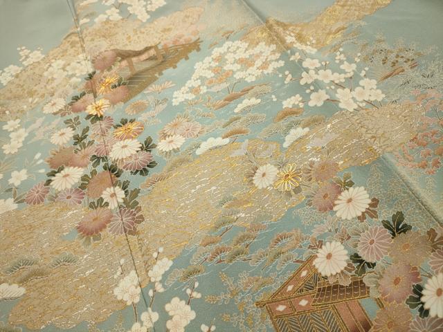 平和屋着物■豪華色留袖　駒刺繍　松竹梅渡り橋花風景文　金銀彩　正絹　逸品　AABM7574sx