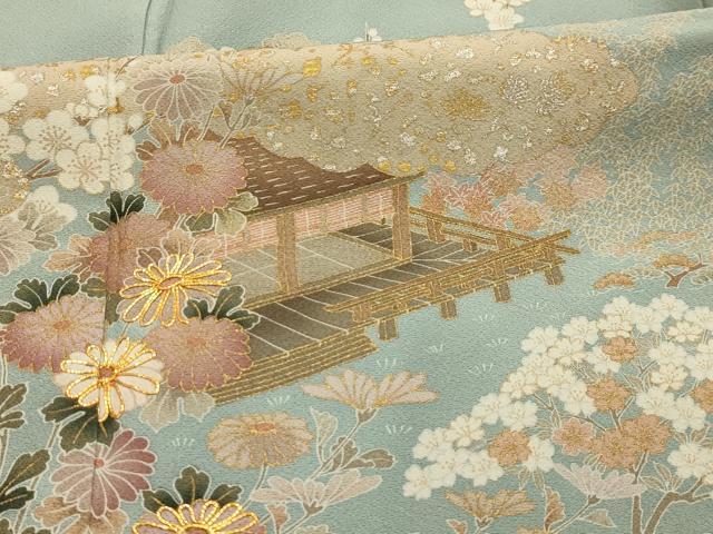 平和屋着物■豪華色留袖　駒刺繍　松竹梅渡り橋花風景文　金銀彩　正絹　逸品　AABM7574sx