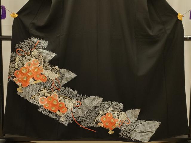 平和屋着物■豪華黒留袖　刺繍　檜扇花文　金銀糸　正絹　逸品　AABM7600sx