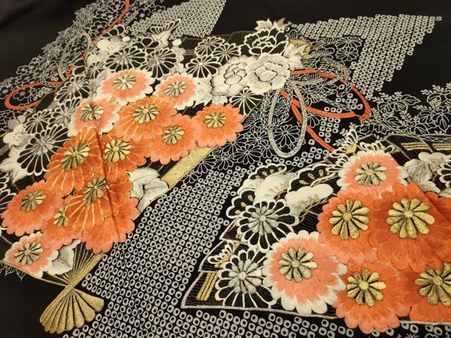 平和屋着物■豪華黒留袖　刺繍　檜扇花文　金銀糸　正絹　逸品　AABM7600sx