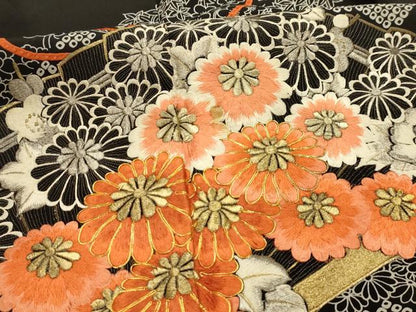 平和屋着物■豪華黒留袖　刺繍　檜扇花文　金銀糸　正絹　逸品　AABM7600sx