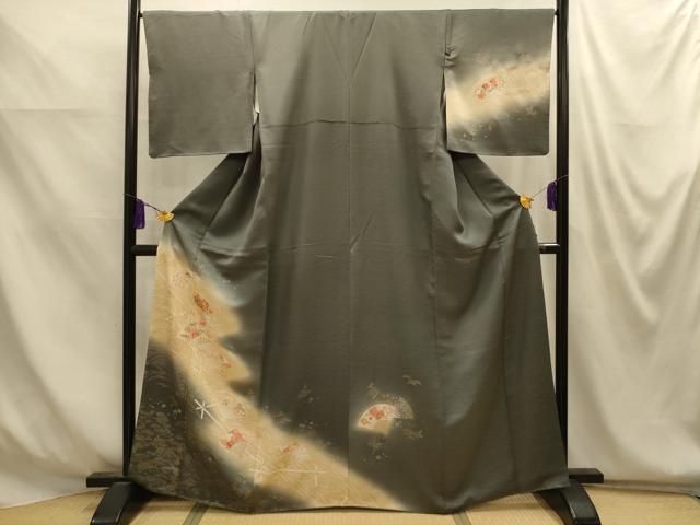 平和屋着物■訪問着　流水扇面花蝶文　暈し染め　金銀彩　正絹　逸品　AABM7615sx