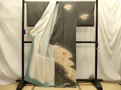 平和屋着物■訪問着　流水扇面花蝶文　暈し染め　金銀彩　正絹　逸品　AABM7615sx
