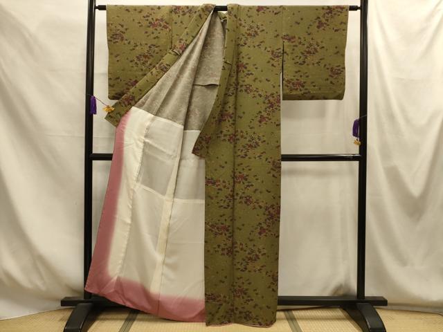平和屋着物■上質な小紋　草花文　鬼しぼ縮緬　胴抜き仕立て　正絹　逸品　AABM7626sx