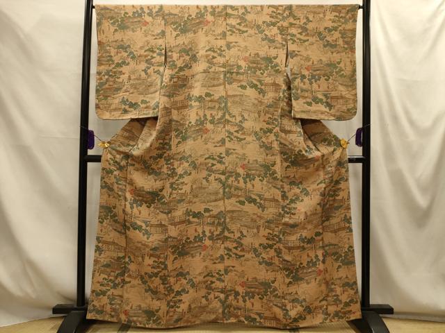 平和屋着物■上質な小紋　人物風景文　鬼しぼ縮緬　正絹　逸品　AABM7651sx