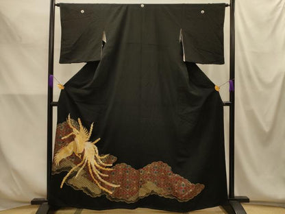 平和屋着物■豪華黒留袖　刺繍　雲取鳳凰花文　金彩　金銀糸　正絹　逸品　AABM7685sx