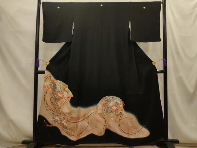 平和屋着物■豪華黒留袖　駒刺繍　檜扇花鳥文　暈し染め　金糸　金彩　正絹　逸品　AABM7698sx