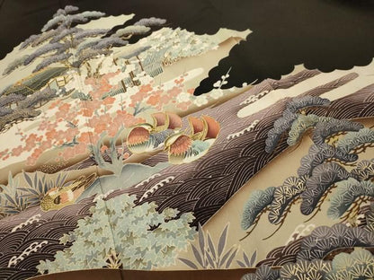 平和屋着物■豪華黒留袖　駒刺繍　流水鴛鴦風景文　金彩　正絹　逸品　AABM7704sx