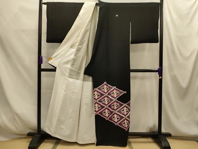 平和屋着物■豪華黒留袖　駒刺繍　双鶴菱文　金彩　正絹　逸品　AABM7706sx