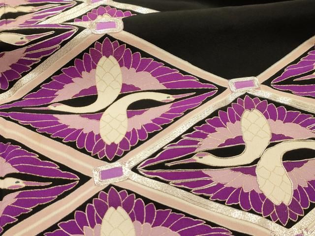 平和屋着物■豪華黒留袖　駒刺繍　双鶴菱文　金彩　正絹　逸品　AABM7706sx