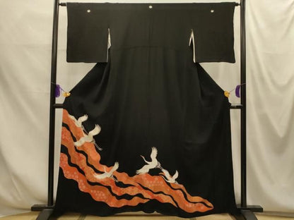 平和屋着物■豪華黒留袖　刺繍　道長吉祥飛鶴文　金彩　正絹　逸品　AABM7708sx