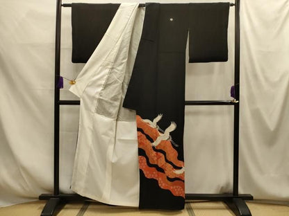 平和屋着物■豪華黒留袖　刺繍　道長吉祥飛鶴文　金彩　正絹　逸品　AABM7708sx