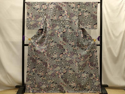 平和屋着物■上質な小紋　地紙重ね花鳥文　鬼しぼ縮緬　正絹　逸品　AABM7719sx