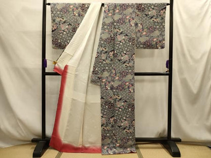 平和屋着物■上質な小紋　地紙重ね花鳥文　鬼しぼ縮緬　正絹　逸品　AABM7719sx