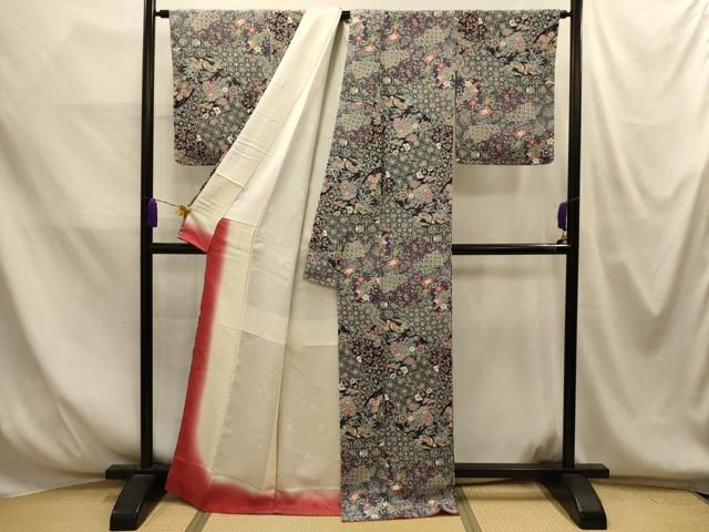 平和屋着物■上質な小紋　地紙重ね花鳥文　鬼しぼ縮緬　正絹　逸品　AABM7719sx