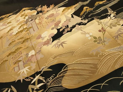 平和屋着物■豪華黒留袖　松竹梅　風景文　金彩　正絹　逸品　AABM7721sx