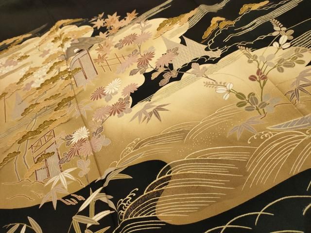 平和屋着物■豪華黒留袖　松竹梅　風景文　金彩　正絹　逸品　AABM7721sx