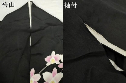 平和屋着物●豪華振袖　刺繍　胡蝶蘭　黒地　金糸　金彩　やまと誂製　ロング丈　正絹　逸品　AABM8009cs