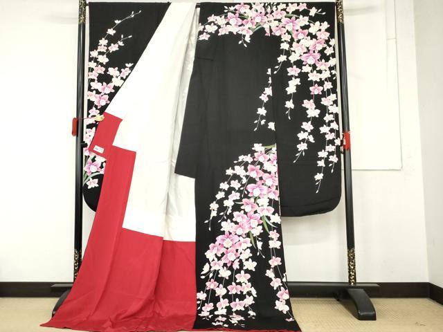 平和屋着物●豪華振袖　刺繍　胡蝶蘭　黒地　金糸　金彩　やまと誂製　ロング丈　正絹　逸品　AABM8009cs
