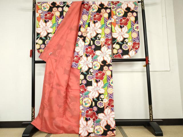 平和屋着物●小振袖　二尺袖　吉祥花丸文　黒地　金彩　洗える着物　AABM8012cs