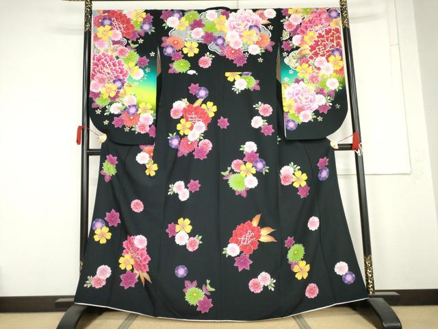 平和屋着物●小振袖　二尺袖　花蝶文　暈し染め　黒地　金彩　洗える着物　AABM8014cs