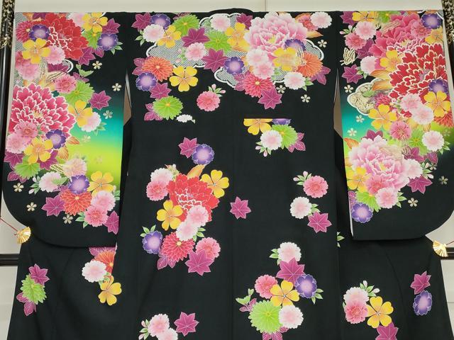平和屋着物●小振袖　二尺袖　花蝶文　暈し染め　黒地　金彩　洗える着物　AABM8014cs