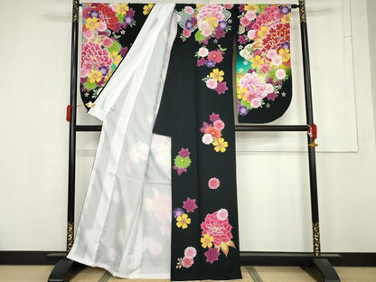 平和屋着物●小振袖　二尺袖　花蝶文　暈し染め　黒地　金彩　洗える着物　AABM8014cs