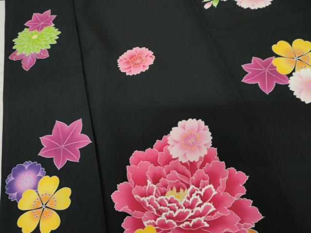 平和屋着物●小振袖　二尺袖　花蝶文　暈し染め　黒地　金彩　洗える着物　AABM8014cs