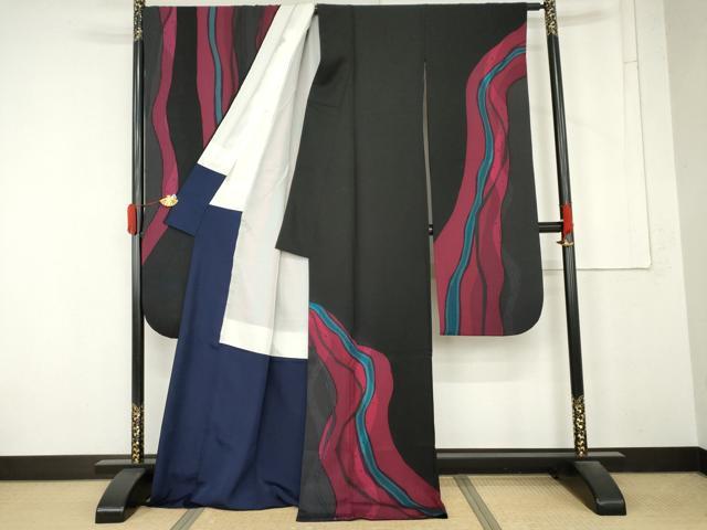 平和屋着物●豪華振袖　流水文　黒地　ロング丈　正絹　逸品　AABM8020cs