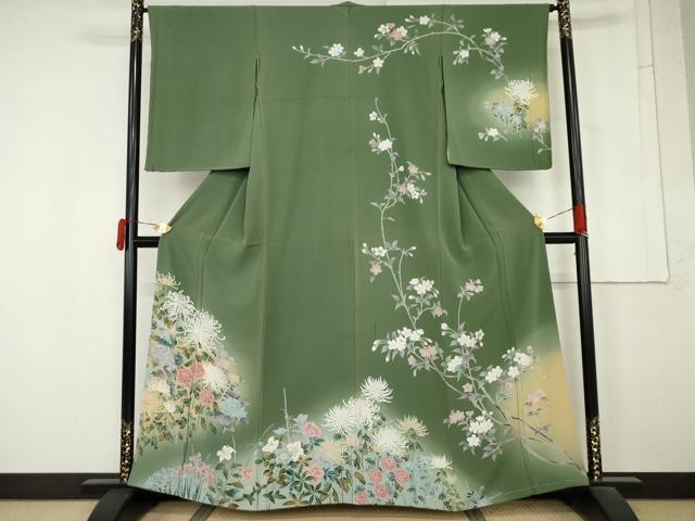 平和屋着物●訪問着　友禅　作家物　枝花文　乱菊　暈し染め　浜ちりめん　反端付き　正絹　逸品　未使用　AABM8026cs