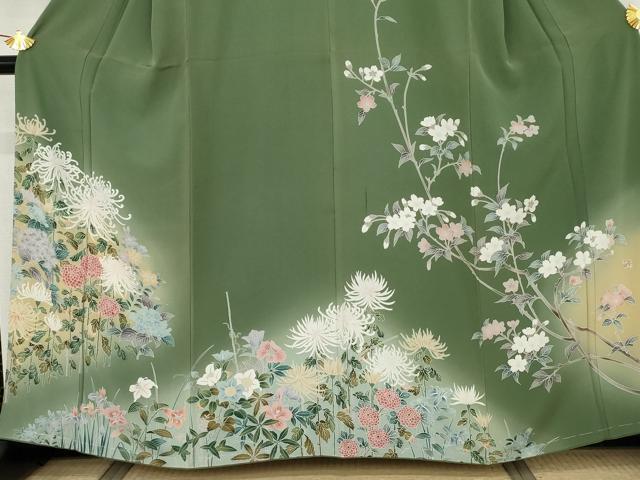 平和屋着物●訪問着　友禅　作家物　枝花文　乱菊　暈し染め　浜ちりめん　反端付き　正絹　逸品　未使用　AABM8026cs