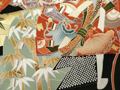 平和屋着物●豪華黒留袖　檜扇花宝尽くし　金彩　仮絵羽　正絹　逸品　未使用　AABM8037cs