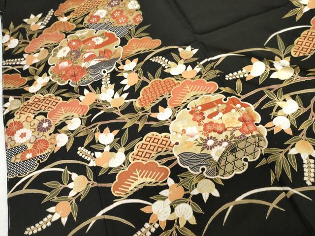 平和屋着物●豪華黒留袖　雪輪鴛鴦花文　金彩　仮絵羽　正絹　逸品　未使用　AABM8039cs