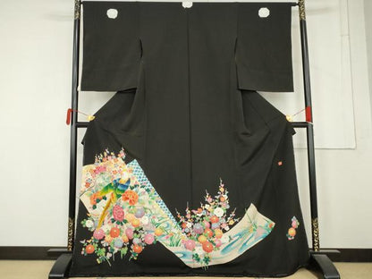 平和屋着物●豪華黒留袖　友禅　作家物　花鳥文　浜ちりめん　仮絵羽　正絹　逸品　未使用　AABM8040cs