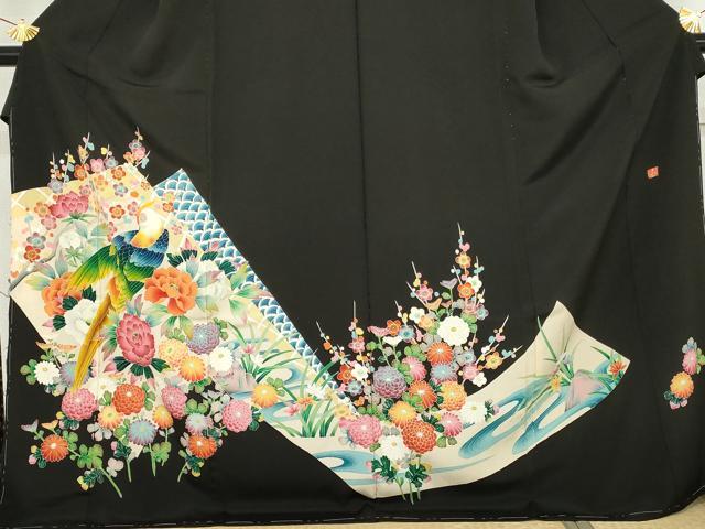 平和屋着物●豪華黒留袖　友禅　作家物　花鳥文　浜ちりめん　仮絵羽　正絹　逸品　未使用　AABM8040cs