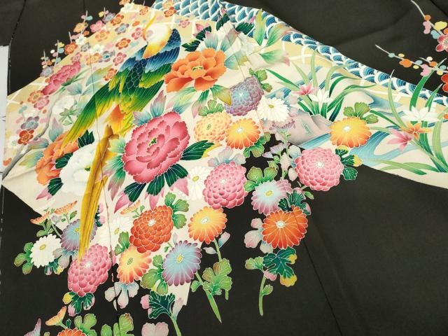 平和屋着物●豪華黒留袖　友禅　作家物　花鳥文　浜ちりめん　仮絵羽　正絹　逸品　未使用　AABM8040cs