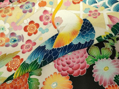 平和屋着物●豪華黒留袖　友禅　作家物　花鳥文　浜ちりめん　仮絵羽　正絹　逸品　未使用　AABM8040cs