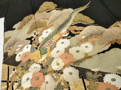 平和屋着物●豪華黒留袖　駒刺繍　花鳥文　雉　金彩　仮絵羽　正絹　逸品　未使用　AABM8041cs