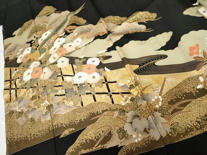 平和屋着物●豪華黒留袖　駒刺繍　花鳥文　雉　金彩　仮絵羽　正絹　逸品　未使用　AABM8041cs